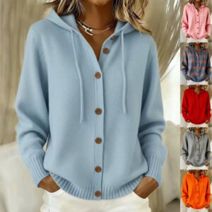 Women's American Style Relaxed Fit Hooded Cardigan - Casual Loose Knit Sweater Jacket for Daily Wear