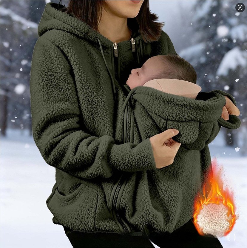 Corduroy Hooded Sweatshirt With Baby-pocket Women's Thickened Zip-up Jacket For Parent-Child Matching Outfits - Image 9