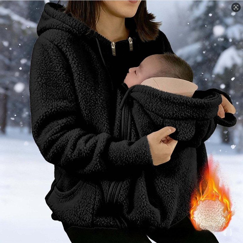 Corduroy Hooded Sweatshirt With Baby-pocket Women's Thickened Zip-up Jacket For Parent-Child Matching Outfits - Image 5