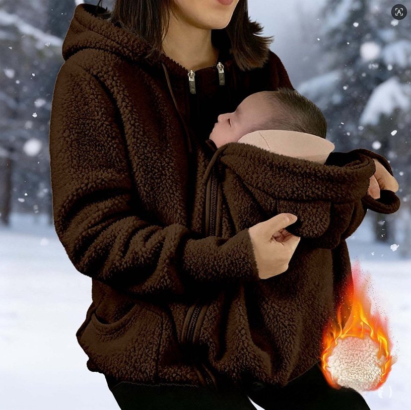 Corduroy Hooded Sweatshirt With Baby-pocket Women's Thickened Zip-up Jacket For Parent-Child Matching Outfits - Image 8