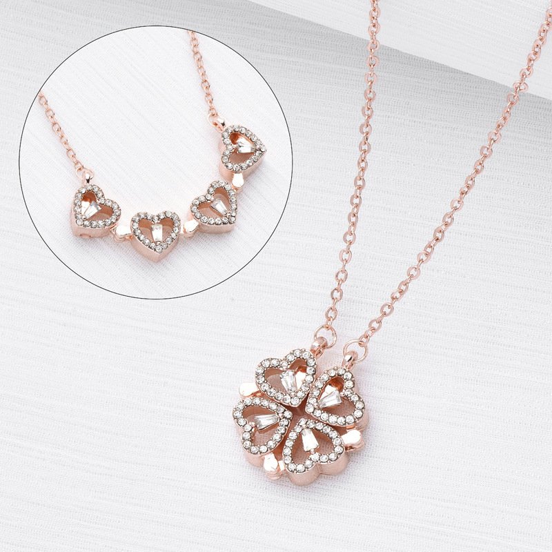Retro Magnetic Folding Heart Shaped Four Leaf Clover Pendant Necklace Women Love Clavicle Chain Gifts Openable Choker Jewelry - Image 4