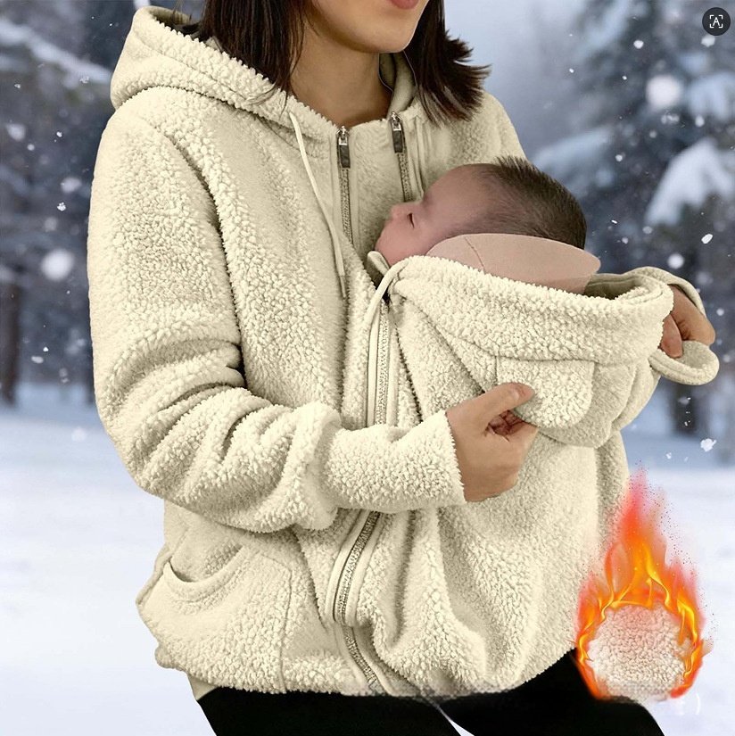 Corduroy Hooded Sweatshirt With Baby-pocket Women's Thickened Zip-up Jacket For Parent-Child Matching Outfits - Image 6