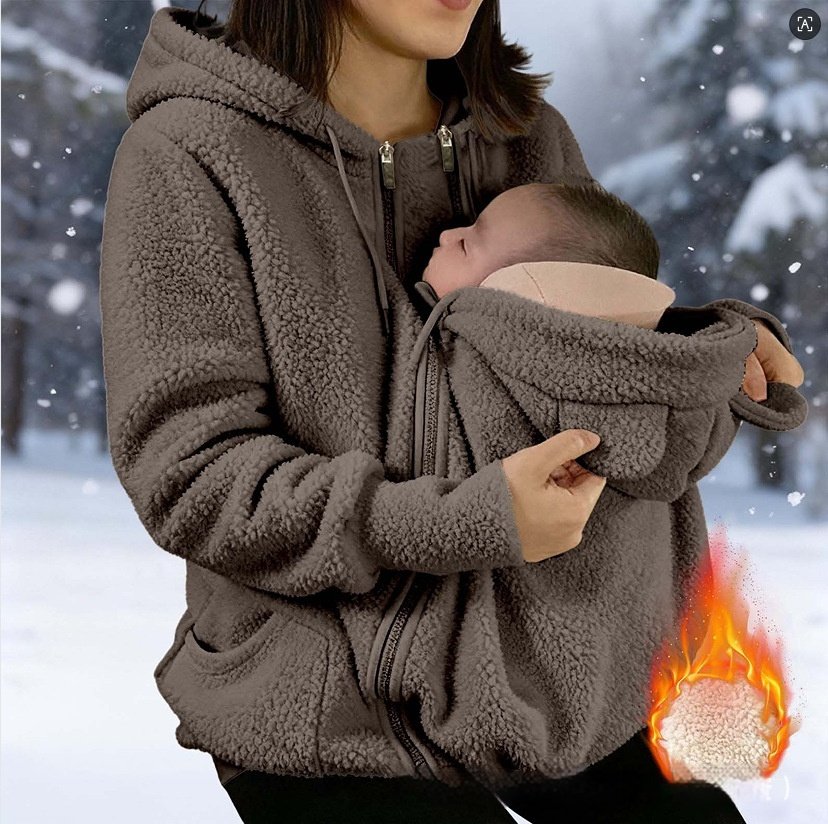 Corduroy Hooded Sweatshirt With Baby-pocket Women's Thickened Zip-up Jacket For Parent-Child Matching Outfits - Image 7